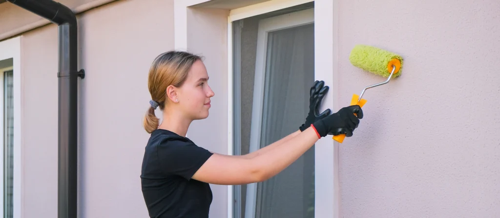 woman painting exterior wall with paint roller 2026 09 22 00 27 57 utc